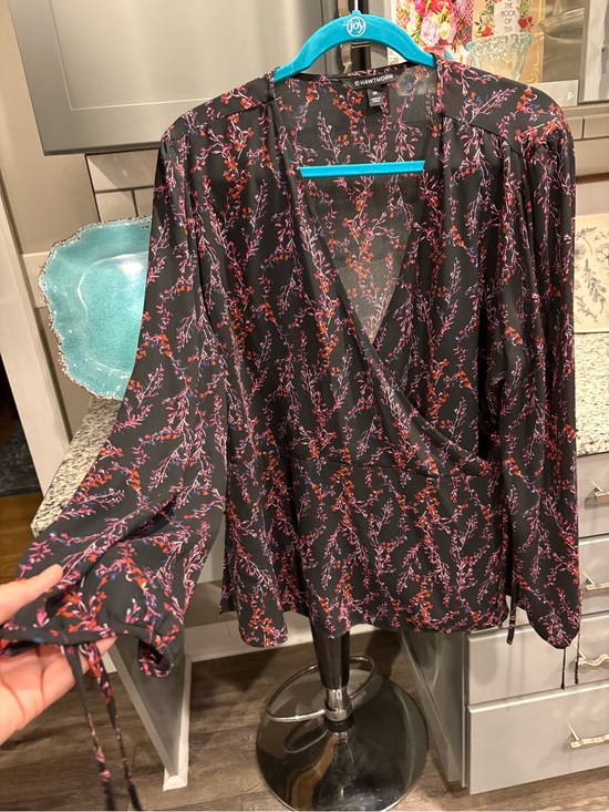 41 Hawthorn Tops - Floral Faux Wrap-Style Blouse in Black with Pink & Coral Sprigs